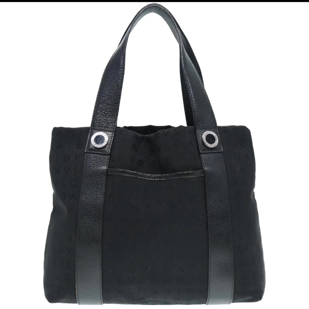 BVLGARI Tote Bag Canvas Leather Black Silver GUC